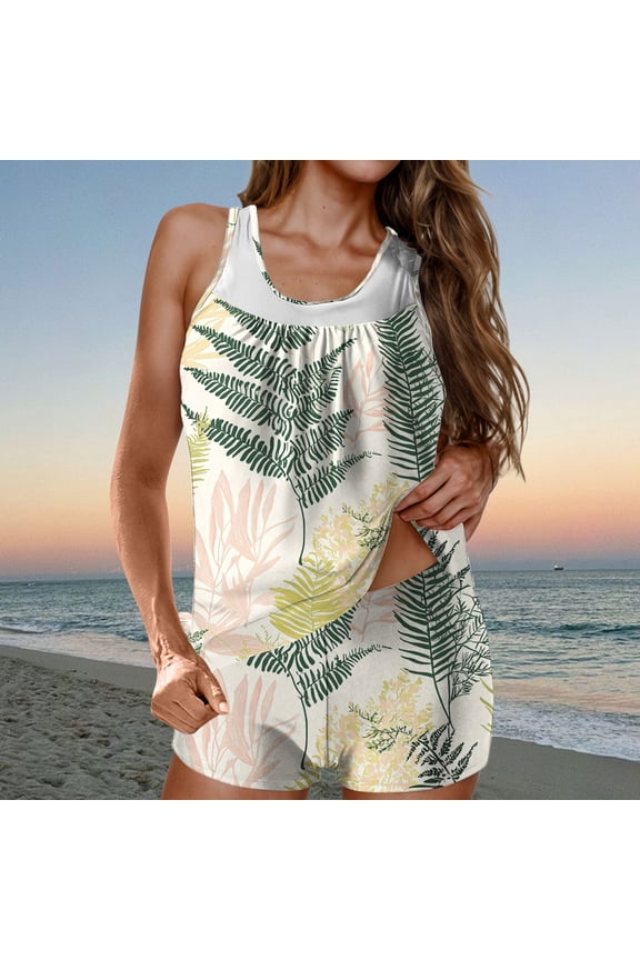 2 Piece Women Swimsuits Bathing Suits 2025 Crew Neck Tankinis Suits Floral Hawaii Print Flowy Swimwear with Boyshorts Tropical Graphic Blouson and Bottom Sets Plus Size S-5X