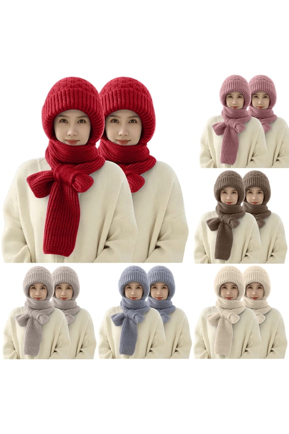 2pc Women One Pieces Slouchy Fleece Beanie Hats Scarf Mask Warm Winter Knitted Hat Thick Skull Ski Cap ,Ski Mask,Windproof Hooded Scarf Cold Weather Hat Neck Warmer Face Cover Hat Cap Scarf