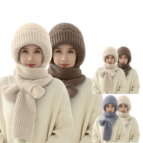 Qepwscx 2pc Women One Pieces Slouchy Fleece Beanie Hats Scarf Mask Warm Winter Knitted Hat Thick Skull Ski Cap ,Ski Mask,Windproof Hooded Scarf Cold Weather Hat Neck Warmer Face Cover Hat Cap Scarf