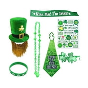 Qepwscx 7 Pcs St. Patrick's Day Party Costume Suit Saint Patty's Day -Hat With Beard,Beads, Shoulder Straps, Stickers, Bracelets, Glasses, Neckties（Adult） Clearance