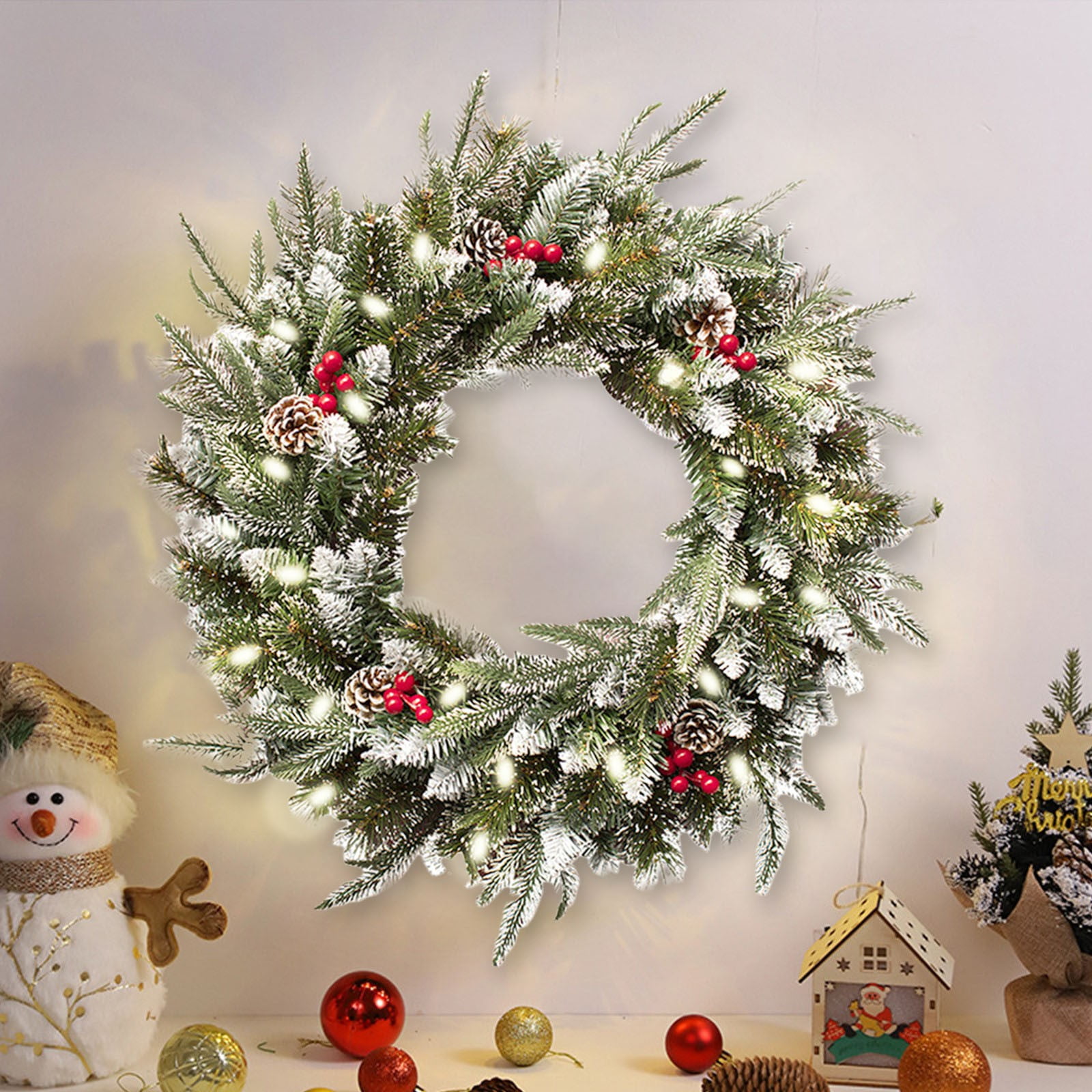Qepwscx Christmas Wreath, Pre-Lit Artificial Christmas Wreath for ...