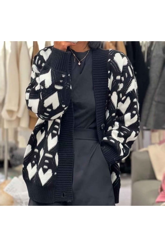 Qepwscx Fashion Women's Graphic Knitted Sweater Tops - Casual Long Sleeve V-Neck Jackets Print Pullover Tops for Winter Fall Spring Clothes Jackets Going Out Tops 2025 Trendy Outerwear