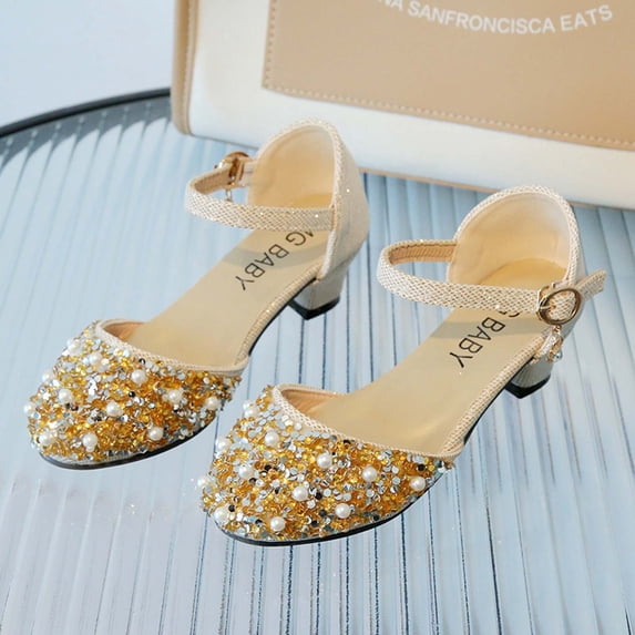 Qepwscx Girls Dress Shoes Shine Princess Shoe Rhinestone Mary Jane Low Heels Party Wedding Prom Footwear for Toddler Kids Size 5 Years