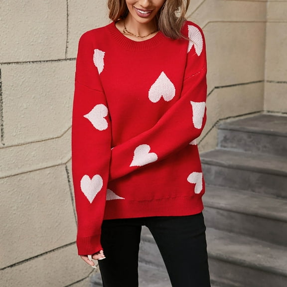 Qepwscx Graphic Knit Top for Women 2025 Long Sleeve Sweaters Crew Neck Chunky Knitted Shirts Fall Winter Heart Print Pullover Sweater Trendy Going Out Top Sweatshirt Loose Jumperes Tops Outerwear