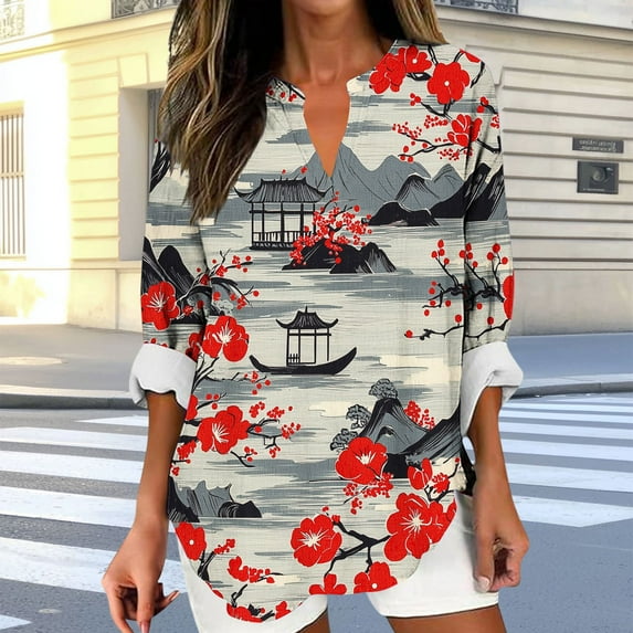 Qepwscx Graphic Shirts for Women Long-Sleeve V-Neck T-Shirt Going Out Tops Floral Print 2025 Blouse Basic Tees Loose Fits Sweatshirt Casual Ladies Pullover Shirts Tops for Women Plus Size L_XXXXXL
