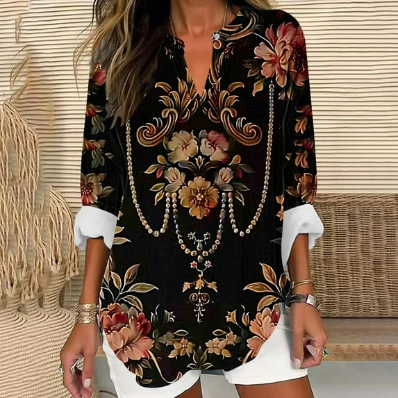Qepwscx Graphic Shirts for Womens Oversized Shirts Long Sleeve V-Neck T-Shirt Floral Print Blouse Basic Tees Casual Blouses Tops Ladies Spring Fall Shirt Loose Fis Sweatshirt Plus Size S-XXXXXL