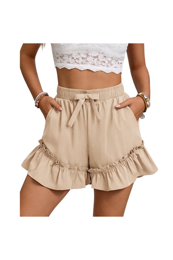 Linen Shorts Womens Ruffled Hight Hight Shorts 5" Inseam Stylish Shorts Summer Elastic Waist Shorts Women Daily Wear Loose Fits 2026 M