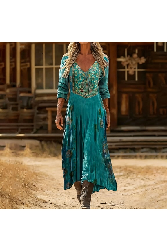 Long Sleeve Boho Maxi Dress Summer Dresses V Neck Long Dress Sun Dresses Women Vacation Beach Dresses