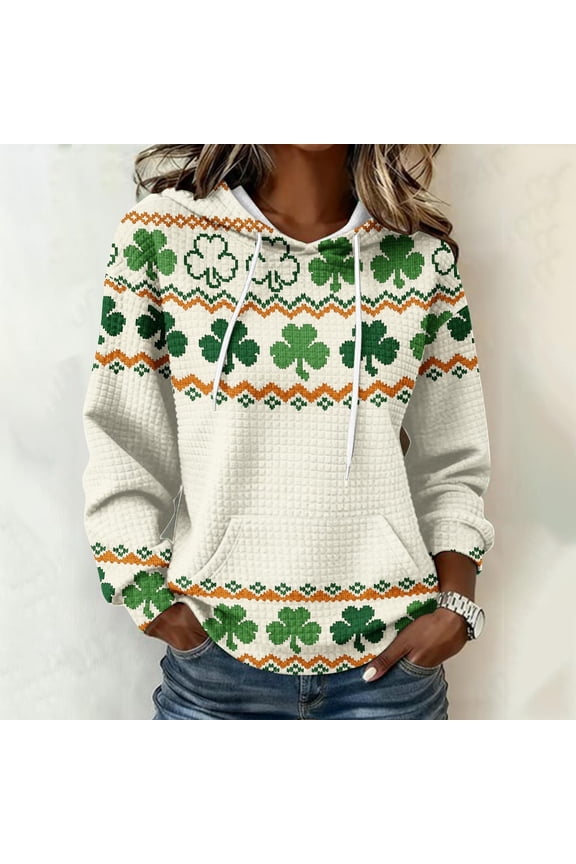 Qepwscx Long Sleeve Hoodie For Women St Patrick'S Day Sweatshirts Irish Shamrock Printed Pullover Sweatshirt Going Out Top Blouses Green Graphic Tops & T-Shirts Vacation Tees Top