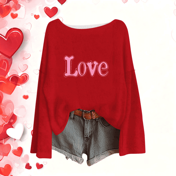 Qepwscx Long Sleeve Knit Pullover Sweatshirts Red Shirts For WomenValentine'S Day Crewneck Sweatshirt Love Heart Printed Womens Blouses Tops Graphic T-Shirtstrendy Tunic Outfits Clothes