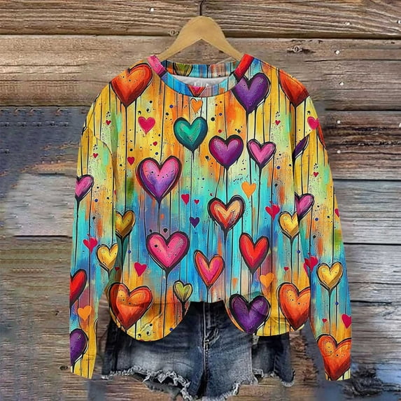 Qepwscx Oversized Tshirts For Women Long Sleeve Valentine'S Day Crew Neck Sweatshirts Love Heart Printed Colorful Blouses Womens Going Out Tops Pullover Sweatshirt Graphic Plus Size Shirt Vacation