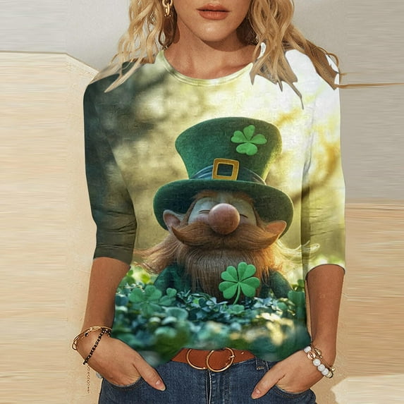 Qepwscx Oversized Womens Shirts 3/4 Long Sleeve St Patricks Day Crewneck Sweatshirt Irish Shamrock Printed Pullover Sweatshirts Dressy Tops For Women Blouses For Women Casual Green Graphic Tshirts