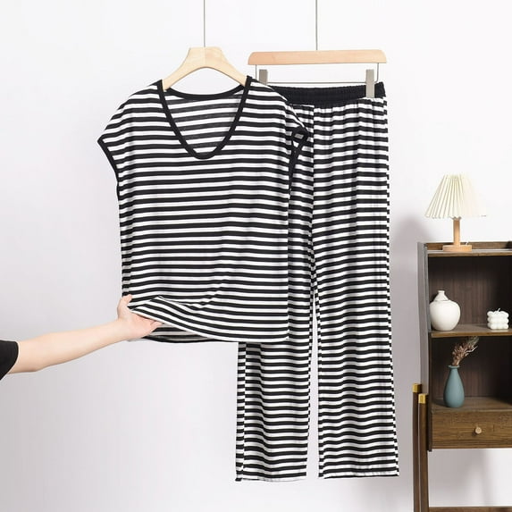 Qepwscx Pajamas Sets for Women Elastic Waist Pants + Crew Neck Sleeveless Shirt Stripe Print Sleepwear Tops and Shorts Cute Pjs Going Out Outfits 2 Piece Lounge Set Loose Fits Plus Size XL-8XL
