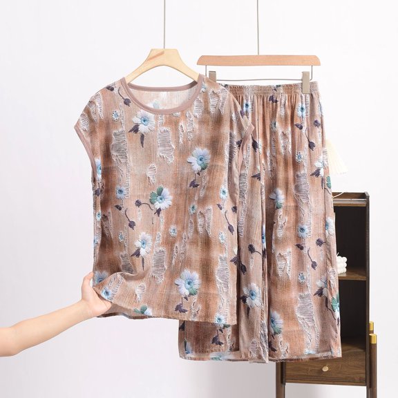 Qepwscx 2 Pack Plus Size Pajamas Sets for Women Casual Elastic Waist Capris Pants + Crew Neck Sleeveless Shirt Floral Print Sleepwear Lightweight Tops Graphic Pajama Sets Going Out Outfits XL-XXXXXL