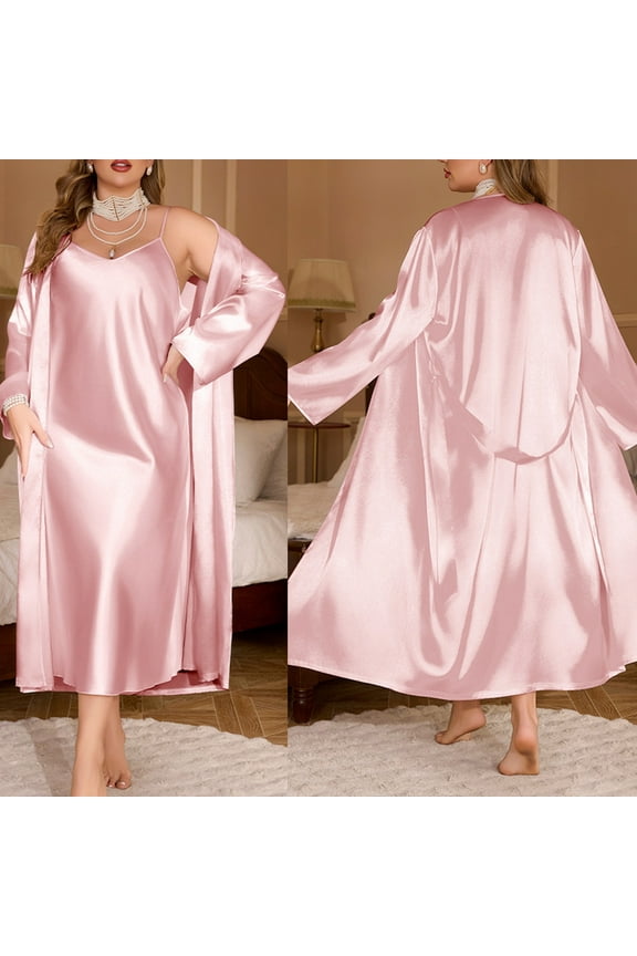Plus Size 2Pack Robe Sets for Women 2 Pieces Silk Nightgown Long Sleeves Bathrobe Soft 4Pcs Sleepwear 2025 S-XXX