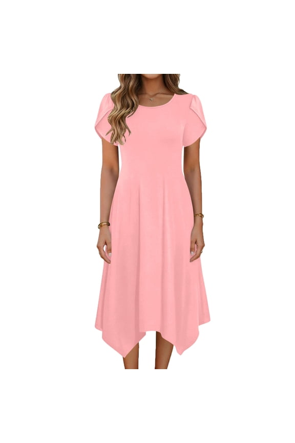 Spring Dresses For Women Womens Ruffled Short Sleeves Shirt Dresses Crew Neck Knee Length Irregular Hemline Midi Dresses Sun Dresses Women Vacation Dresses