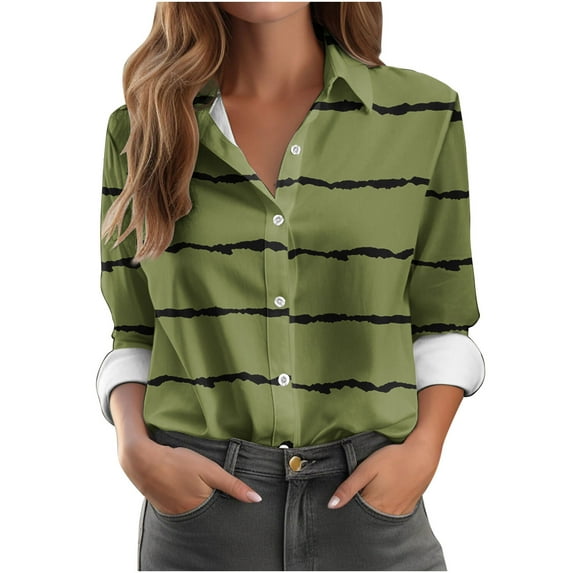 Qepwscx Stripe Print Womens Long Sleeve Shirts Going Out Tops Button Up Tshirts Print Blouse V Neck Sleeve Basic Loose Fits Hawaiian Work Bussiness T-Shirts Slim Fits S-XXXL