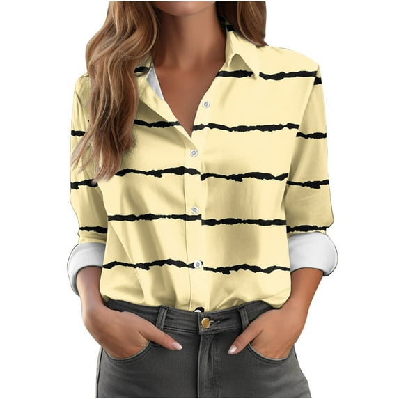 Qepwscx Stripe Print Womens Long Sleeve Shirts Going Out Tops Button Up Tshirts Print Blouse V Neck Sleeve Basic Loose Fits Hawaiian Work Bussiness T-Shirts Slim Fits S-XXXL