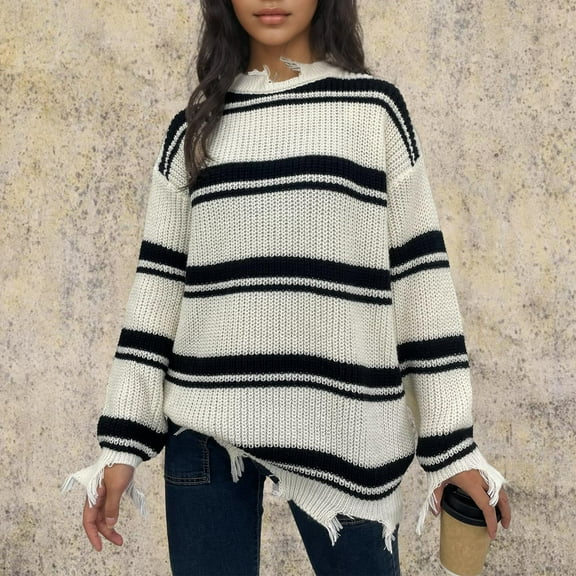Qepwscx Sweaters Top for Women 2025 Long Sleeve Crew Neck Chunky Knit Shirts Fall Winter Stripe Pullover Tassels Sweater Trendy Sweatshirt Loose Jumperes Tops Going Out Top Outerwear