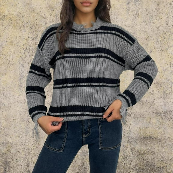 Qepwscx Sweaters Top for Women 2025 Long Sleeve Crew Neck Chunky Knit Shirts Fall Winter Stripe Pullover Tassels Sweater Trendy Sweatshirt Loose Jumperes Tops Going Out Top Outerwear