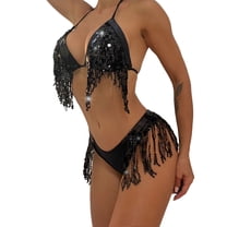 Qepwscx Swim Suits for Women 2025 Women's Fashion Sexy Black Sequin Shiny Tassel Bikini Dance Party Swimsuit Clearance