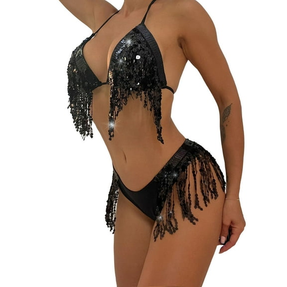 Qepwscx Swim Suits for Women 2025 Women's Fashion Sexy Black Sequin Shiny Tassel Bikini Dance Party Swimsuit Clearance