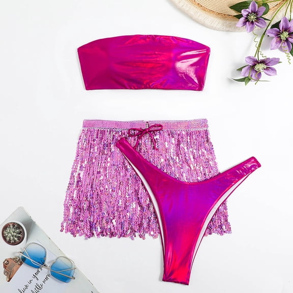 Qepwscx Swim Suits for Women 2025 Women's Swimsuit Fringed Sequins 3-piece Bra Bikini Suit Clearance