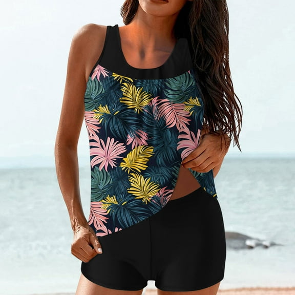 Qepwscx Swimsuits for Women 2025 Two Piece Crew Neck Suits Floral Hawaii Print Tankinis Bathing Suits with Sporty Boy Shorts Blouson and Bottom 2 Piece Tropical Graphic Bathing Suits S-XXL