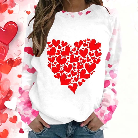 Qepwscx White T Shirts For Women Long Sleeve Valentine'S Day Crew Neck Sweatshirts Love Heart Printed Womens Blouses Ladies Tops And Blouses Pullover Sweatshirt Graphic Tops & T-Shirts Part