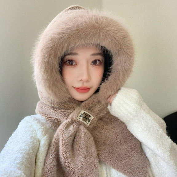 Qepwscx Women One Pieces Slouchy Fleece Beanie Hats Scarf Mask Warm Winter Knitted Hat Thick Skull Ski Cap ,Ski Mask,Windproof Hooded Scarf Cold Weather Hat Neck Warmer Face Cover Hat Cap Scarf