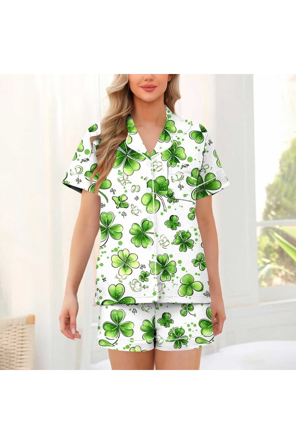 Women Pajamas Sets Button Down Pjs Soft Short Sleeve Top And Shorts Womens Plus Size Pajamas Womens St Patricks Day Pajamas Night Shirts Graphic Pjs Lounge Set 2 Piece Sleepwear
