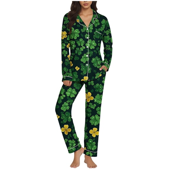 Qepwscx Women'S Pajamas Set Pajamas St. Patrick's Day Button Up Shirt & Elastic Waist Pants Collar Neck Graphic Pjs Lounge Sets Long Sleeve Pjs Lounge Set 2 Piece Sleepwear