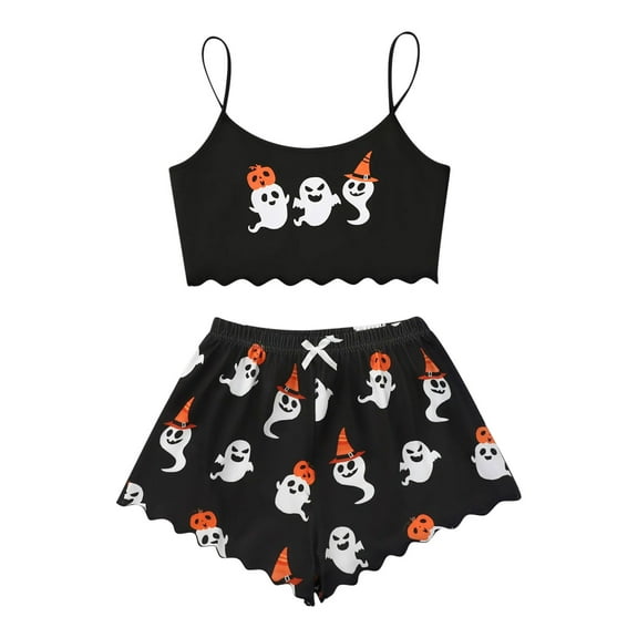 Qepwscx Women Sleepwear Printed Pajamas Set Halloween Sleeveless Spaghetti Straps + Elastic Waist Shorts PJs Set Graphic Crop Camisole Tops and Shorts Nightwear Lounges Pjs Sets ﻿