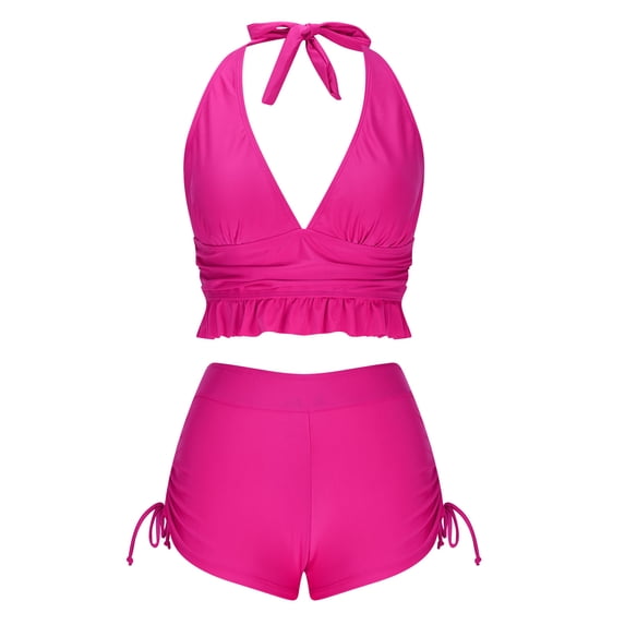 Qepwscx Women Two Piece Tankinis Swimsuits Bathing Suits 2025 V Plunging Neck Suits Ruffled Swimwear with Side Drawtring Boyshorts Blouson and Bottom Sets Halters Swimsuits