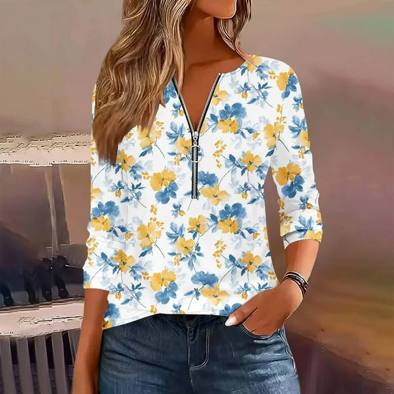 Qepwscx Women's 3/4 Length Sleeve Tops Crew Neck T Shirts Zipper Print Collared Shirts Quarter-Zipper Top Tunic Sweatshirts 2025 Casual Ladies Pullover Shirts Tops Loose Fits S-XXXL