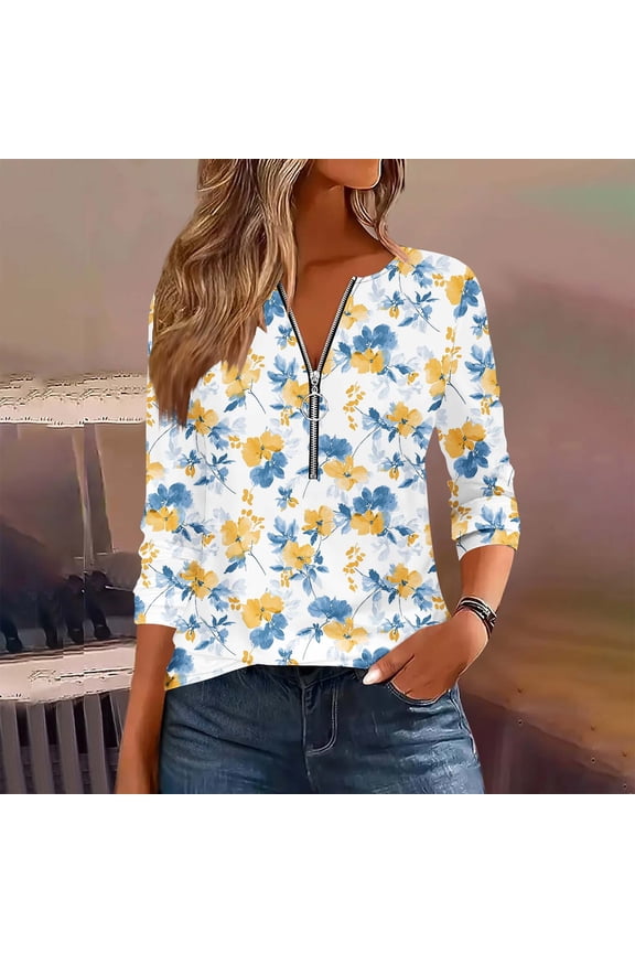 x Women's 3/4 Length Sleeve Tops Crew Neck T Shirts Zipper Print Collared Shirts Quarter-Zipper Top Tunic Sweatshirts 2025 Casual Ladies Pullover Shirts Tops Loose Fits S-XXXL