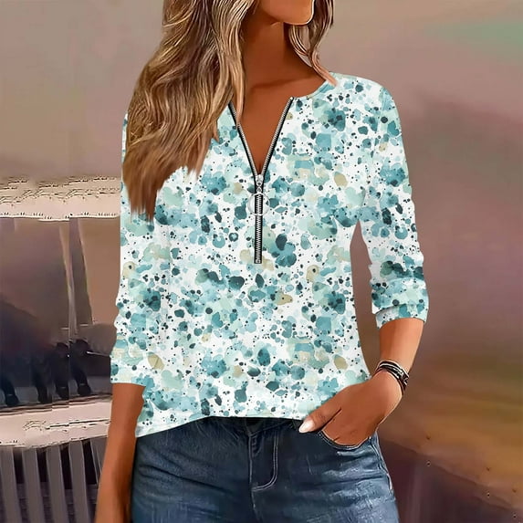 Qepwscx Women's 3/4 Length Sleeve Tops Crew Neck T Shirts Zipper Print Collared Shirts Quarter-Zipper Top Tunic Sweatshirts 2025 Casual Ladies Pullover Shirts Tops Loose Fits S-XXXL