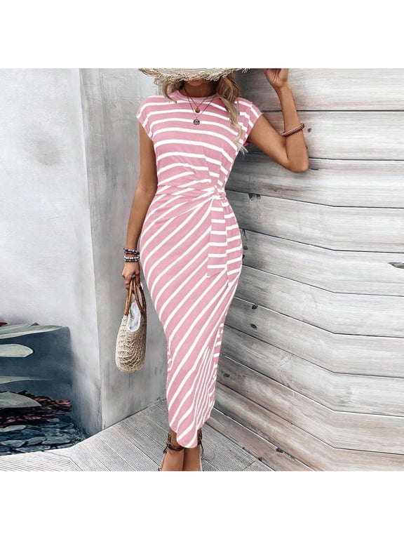 Women's Elegant Short Sleeves Stripe Dress Drawtring Waist Cocktail Dress Wrap Bodycon Classy Party Dresses 2026 S