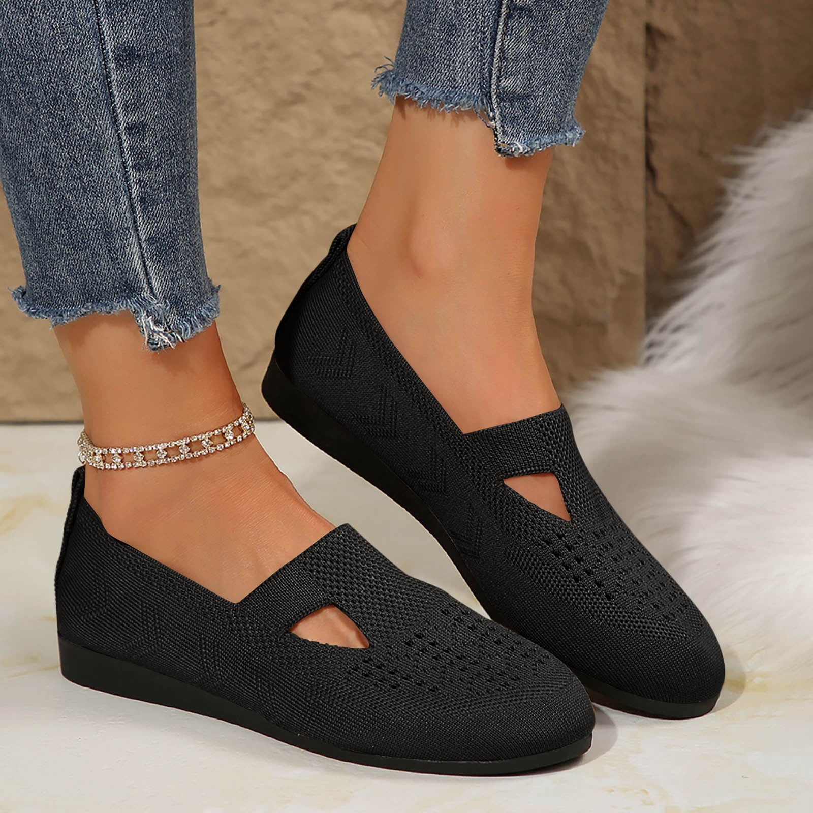 BEJINASH Women's Mary Jane Flats - Knitted, Double Adjustable Strap, Pointed Toe Comfort Shoes