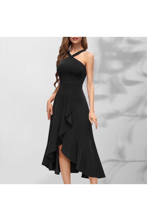 Women's Halter Neck Midi Dress Elegant Irregular Hemline Dresses Wedding Party Club Sleeveless Backless Bodycon Dresses Black L