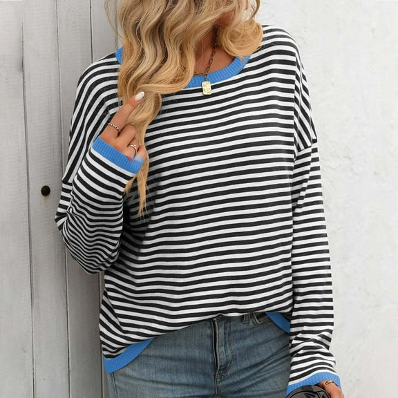Qepwscx Women's Knit Tops Baggy Sweaters Top Long Sleeve Chunky Knit Pullover Tops Fashion Clothes Stripe Crew Neck Knitted Jumperes Tops 2025 Winter Shirts Loose Fits Outerwear