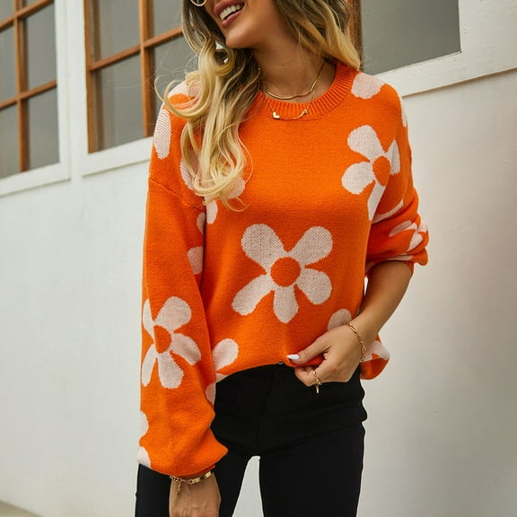 Qepwscx Women's Knit Tops Long Sleeve Chunky Knit Pullover Tops Fashion Clothes Print Crew Neck Baggy Sweaters Top Knitted Jumperes Tops 2025 Winter Shirts Loose Fits Outerwear 