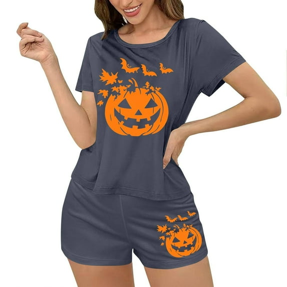 Qepwscx Women's Pajamas Sets 2 Piece Halloween Crew Neck Short Sleeve Sleepwear Pjs + Elastic Waist Shorts Lightweight Shirt Graphic Tops Pajama Sets Summer Going Out Outfits Loungewear M-XL