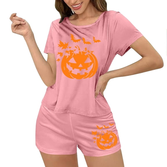 Qepwscx Women's Pajamas Sets 2 Piece Halloween Crew Neck Short Sleeve Sleepwear Pjs + Elastic Waist Shorts Lightweight Shirt Graphic Tops Pajama Sets Summer Going Out Outfits Loungewear M-XL