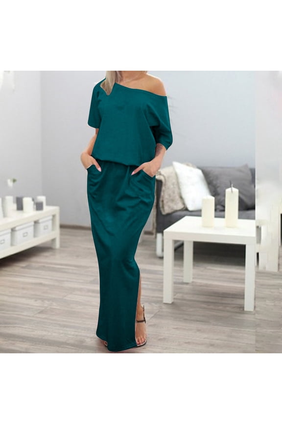 Women's Summer One Shoulder Long Formal Dresses Short Sleeve Ruched Bodycon Wedding Guest Slit Maxi Dress Green S