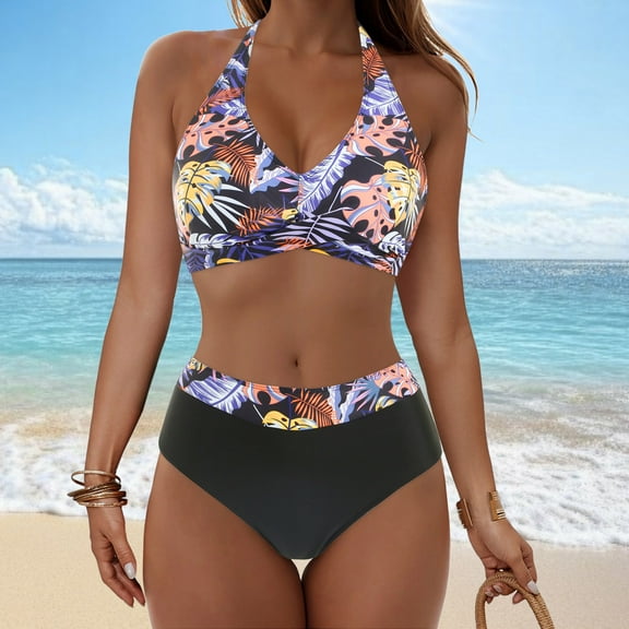 Qepwscx Womens Bikini Sets Plunging Neck Two Piece Halters Swimsuits Floral Print High Waisted Bathing Suit Swim Suits 2025 Swimwear