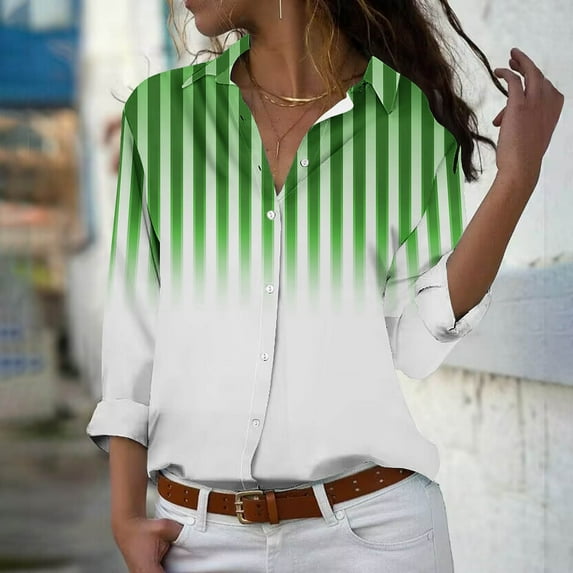 Qepwscx Womens Long Sleeve Button Up Shirts Tops for Women V Neck Stripe Print Business Casual Blouses Going Out Tops Graphic Tees Spring Fall Top Basic Loose Fits Beach Tshirt S-XXL