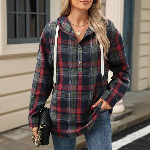 Qepwscx Womens Long Sleeve Hoodie Tops Cottons Collar Neck Going Out Tops Plaid Print T-Shirts Casual Blouses Button Up Basic Tees Loose Fits Fall Sweatshirt for Women
