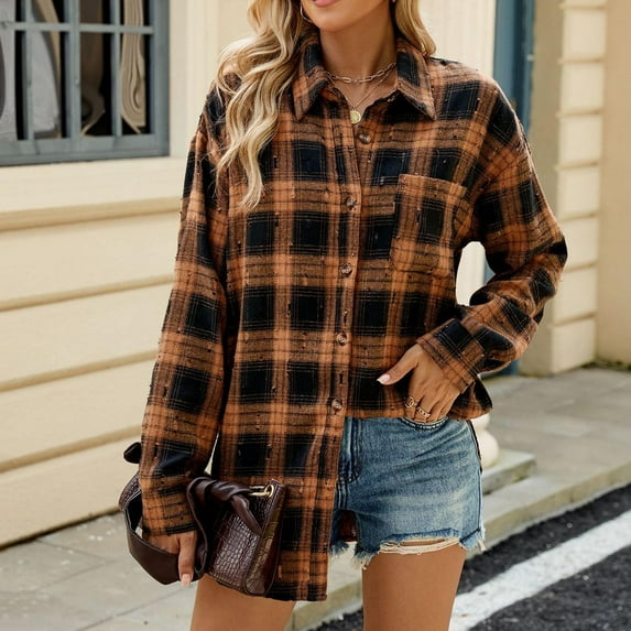 Qepwscx Womens Long Sleeve Tops Cottons Collar Neck Going Out Tops Plaid Print T-Shirts Casual Blouses Button Up Basic Tees Loose Fits Spring Fall Sweatshirt for Women