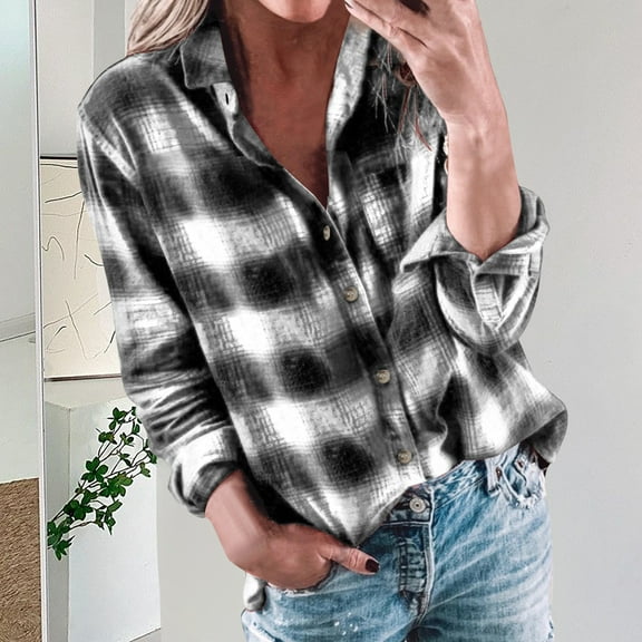 Qepwscx Womens Long Sleeve Tops V Neck Going Out Tops Plaid Print T-Shirts Casual Blouses Button Up Basic Tees Loose Fits Spring Fall Sweatshirt for Women